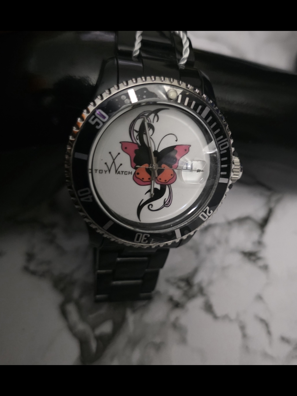 ToyWatch Black Bracelet Watch with Pink and Orange Butterfly Dial